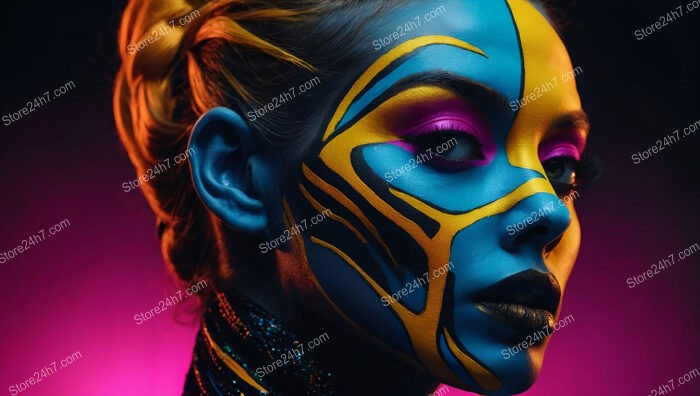 Futuristic Blue and Yellow Face Art with Neon Accents