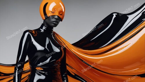 Futuristic Elegance: Black Latex and Vibrant Orange Flow