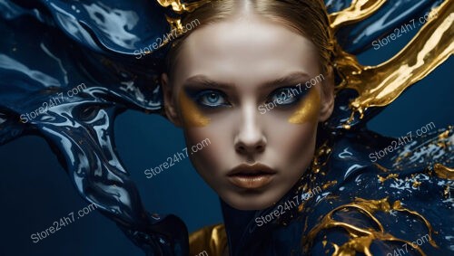 Futuristic Fashion Model with Blue Skin and Golden Splashes