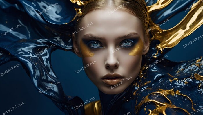 Futuristic Fashion Model with Blue Skin and Golden Splashes