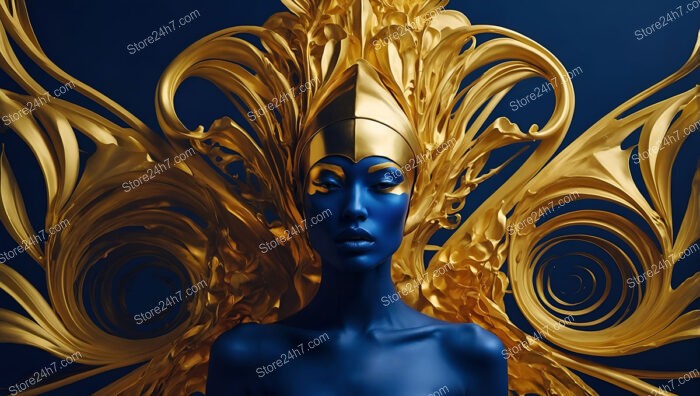 Futuristic Queen with Golden Headdress and Blue Skin