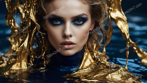 Futuristic Woman with Gold and Blue Makeup in Water