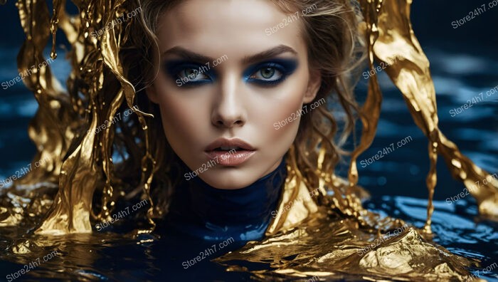 Futuristic Woman with Gold and Blue Makeup in Water