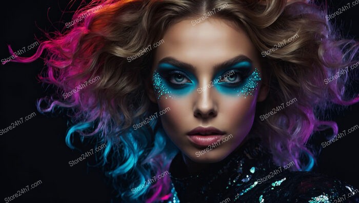 Galactic Glamour: Futuristic Makeup with Neon Curls and Glitter