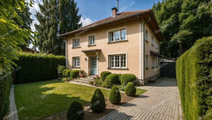 German Family House with Manicured Hedges and Classic Design