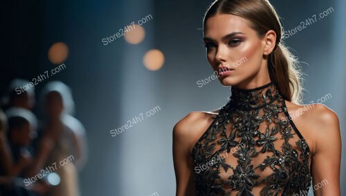 Glamorous Black Lace Gown Highlighting Intricate Detailing on Runway