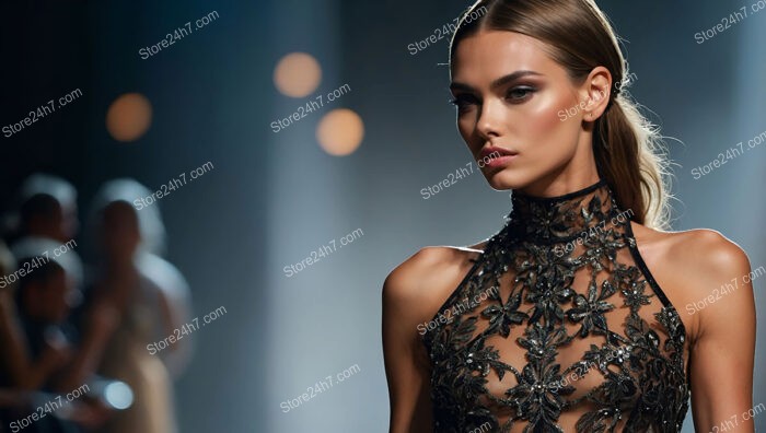 Glamorous Black Lace Gown Highlighting Intricate Detailing on Runway