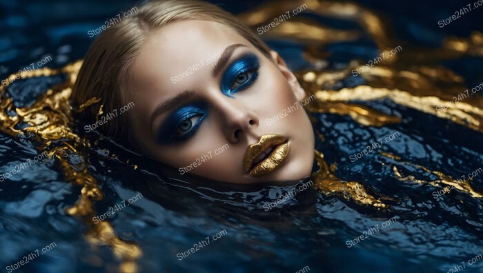 Glamorous Face in Blue and Gold Floating in Water