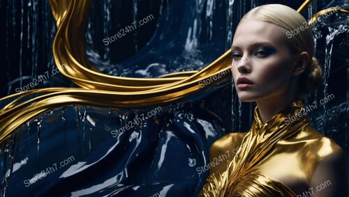 Glamorous Fashion Model in Gold and Blue Couture