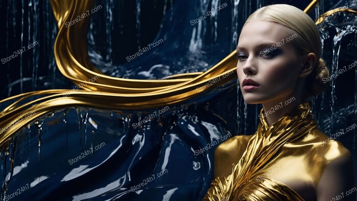 Glamorous Fashion Model in Gold and Blue Couture