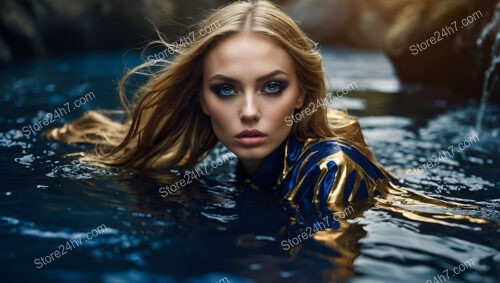 Glamorous Model Swimming in Golden and Blue Attire