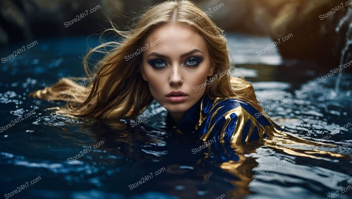 Glamorous Model Swimming in Golden and Blue Attire