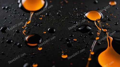 Glossy Orange Drops on Black Surface Background