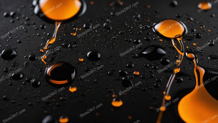 Glossy Orange Drops on Black Surface Background