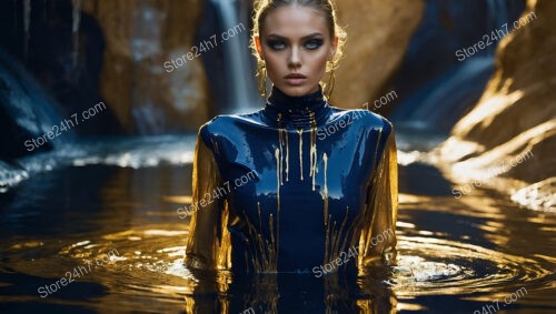 Golden and Blue Fashion Model Emerging from Waterfall