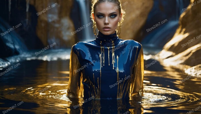 Golden and Blue Fashion Model Emerging from Waterfall