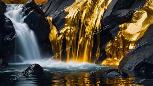 Golden and White Waterfalls Flowing Over Majestic Black Rocks