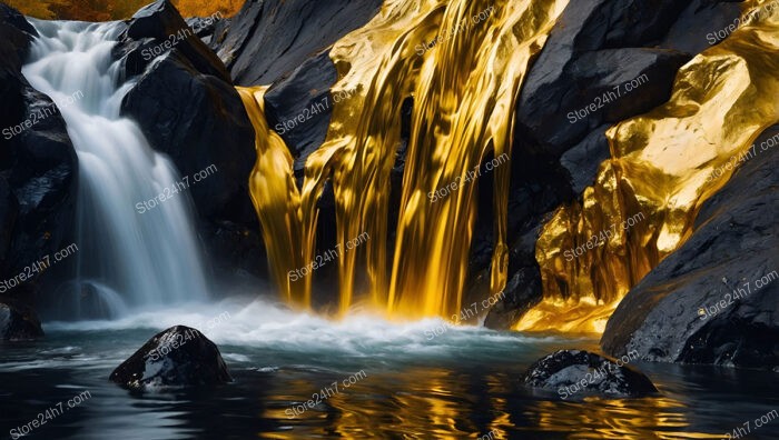 Golden and White Waterfalls Flowing Over Majestic Black Rocks