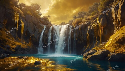 Golden Cascades: Dreamlike Liquid Gold Waterfall in Fantasy Realm