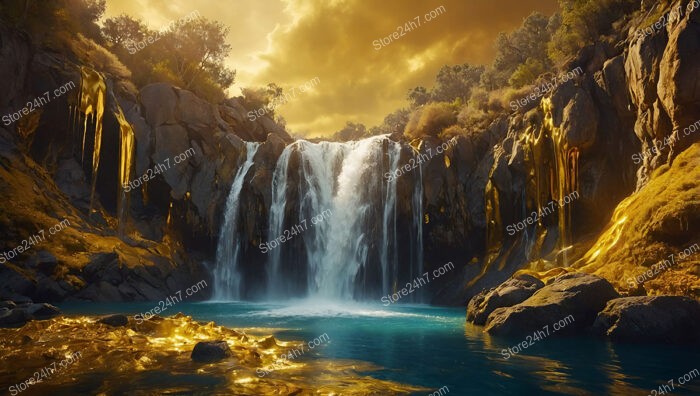 Golden Cascades: Dreamlike Liquid Gold Waterfall in Fantasy Realm