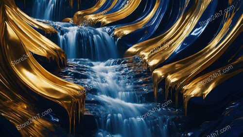 Golden Cascades Flowing Over Dark Blue Rocks