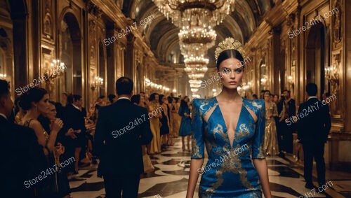 Golden Crowned Model in Majestic Blue Ballroom Fashion