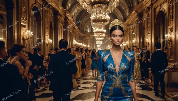 Golden Crowned Model in Majestic Blue Ballroom Fashion