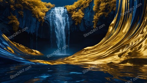 Golden Drapes and Waterfall in a Mystical Forest