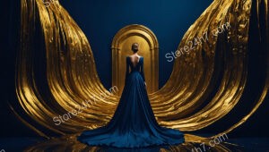 Golden Gateway and Flowing Gown in Mystical Setting
