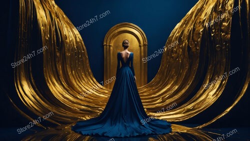 Golden Gateway and Flowing Gown in Mystical Setting