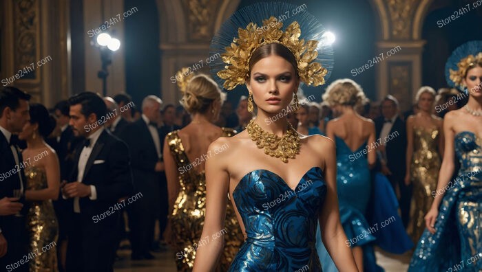 Golden Headdress and Blue Gown at Gala Event