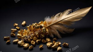 Golden Nuggets and Feather on Dark Background