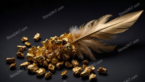 Golden Nuggets and Feather on Dark Background