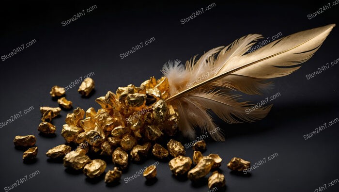 Golden Nuggets and Feather on Dark Background