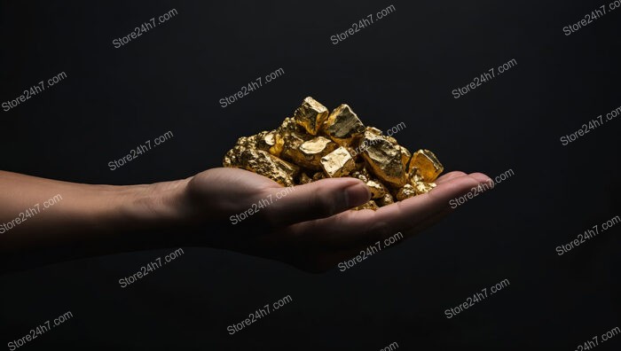 Golden Nuggets Cradled in a Hand Against Black