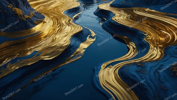 Golden Pathways Through Mystical Midnight Blue Terrain