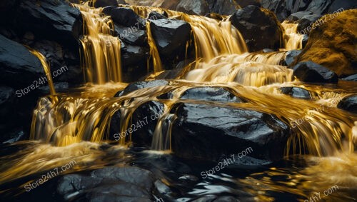 Golden Rapids Flowing Over Rocks in a Fantasy World