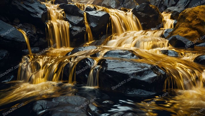 Golden Rapids Flowing Over Rocks in a Fantasy World