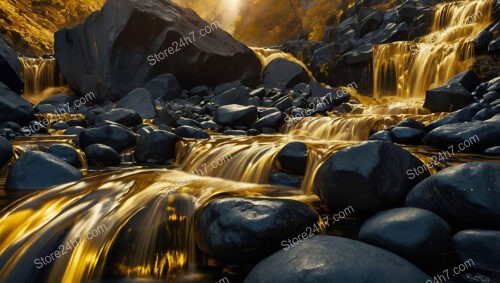 Golden Rapids Flowing Through a Rocky Enchanted Landscape