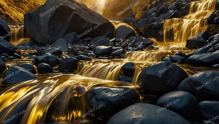 Golden Rapids Flowing Through a Rocky Enchanted Landscape