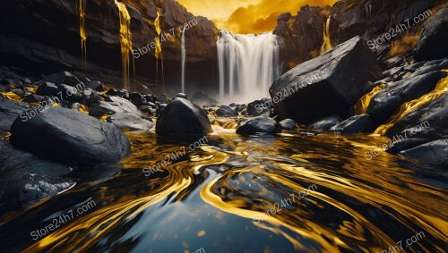 Golden River of Light Flowing Through a Rocky Landscape