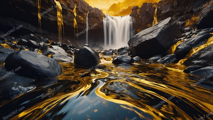 Golden River of Light Flowing Through a Rocky Landscape