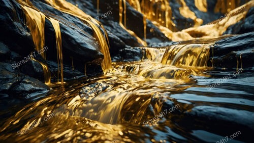 Golden Streams Flow Over Dark Rocks in Mystical Canyon