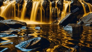 Golden Streams Flow Over Mystical Black Rocks Landscape