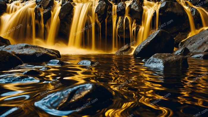 Golden Streams Flow Over Mystical Black Rocks Landscape