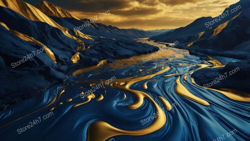 Golden Streams Flowing Through a Surreal Mountain Landscape