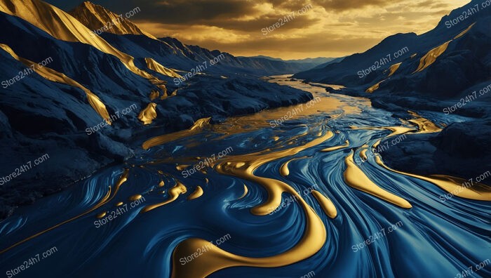 Golden Streams Flowing Through a Surreal Mountain Landscape