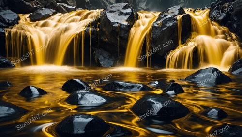 Golden Waterfall Cascades Over Midnight Black Rocks in Fantasy World