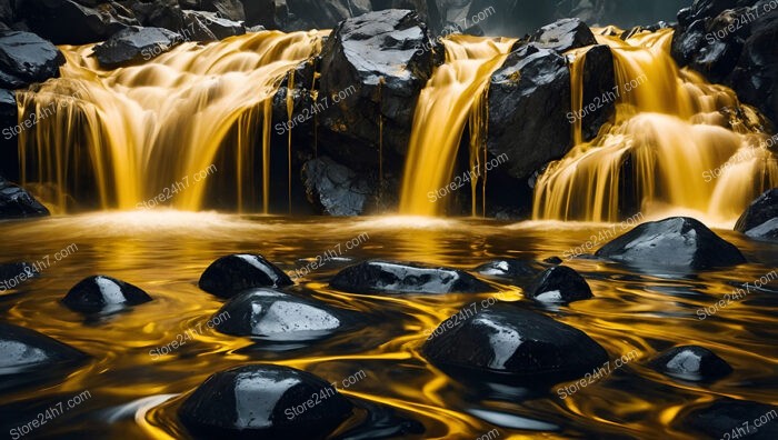 Golden Waterfall Cascades Over Midnight Black Rocks in Fantasy World