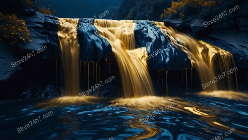 Golden Waterfall Cascading Over Dark Blue Rocks at Twilight